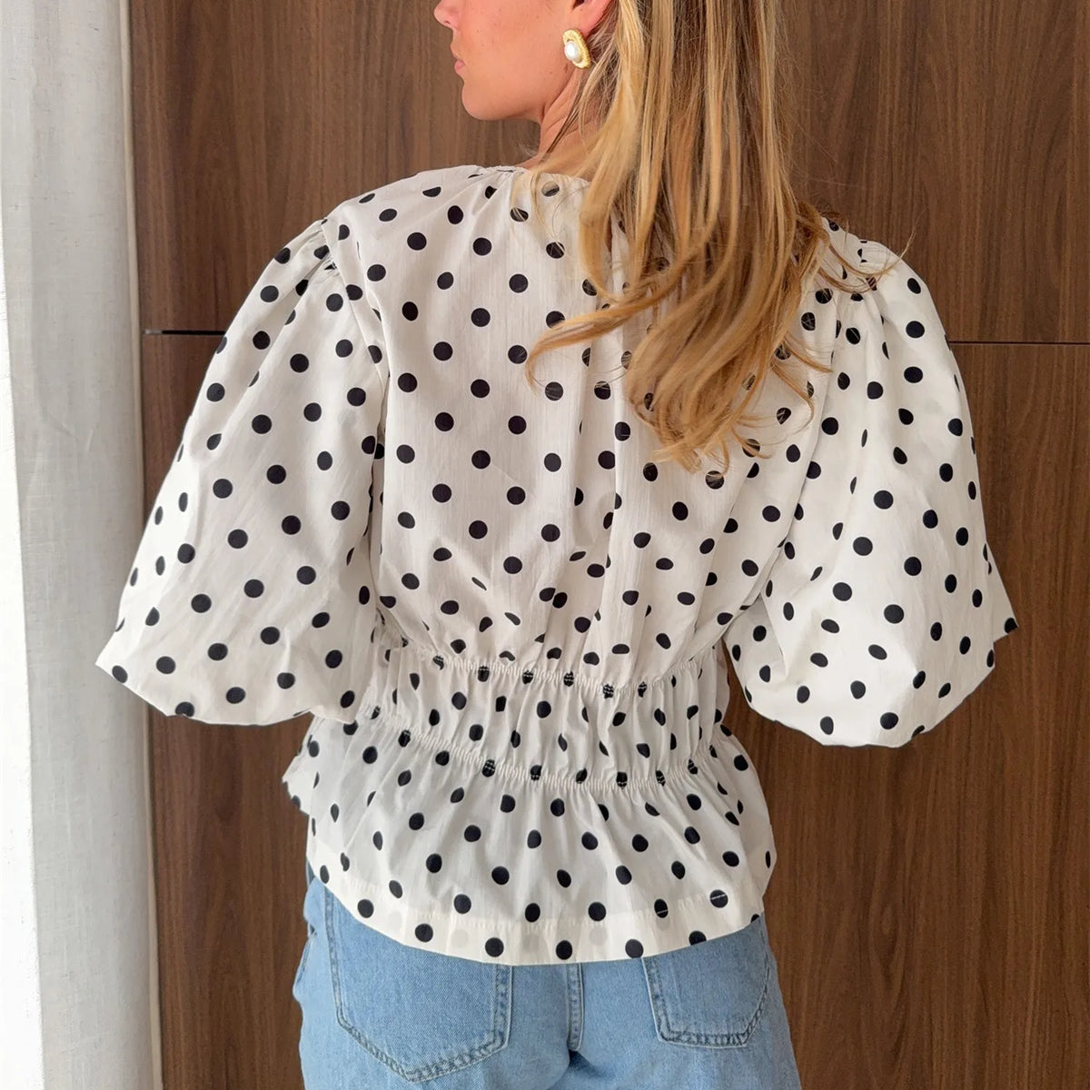 Women's Puff Sleeve T Shirt Tops Summer Fashion Dots Print Round Neck Cinched Waist Blouse for Casual Daily Wear