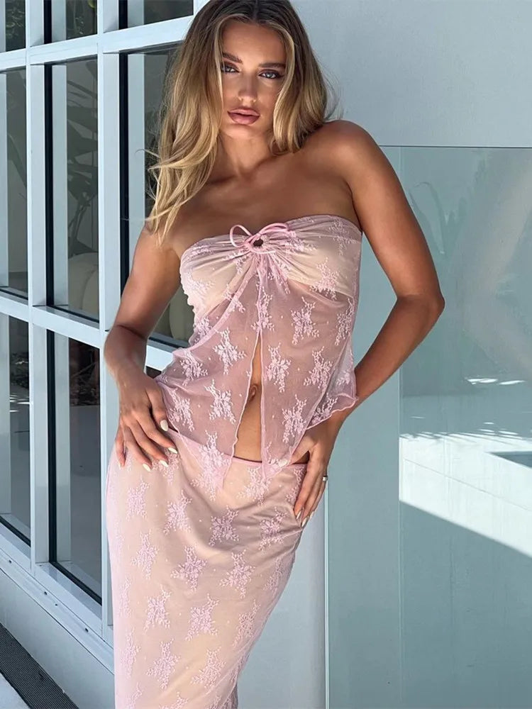 Women Sexy 2 Piece Outfits Skirt Sets Off Shoulder Strapless Sleeveless Lace See Through Tube Top Mesh Long Skirt Set