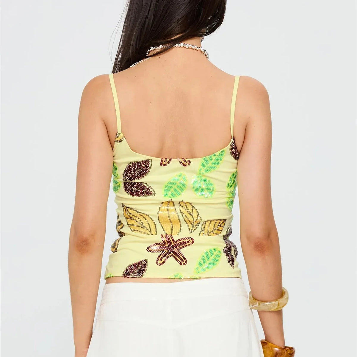 Y2K Tropical Starfish Leaf Sequin Cami Top Women Yellow Black Spaghetti Strap Slim Fit Camisole Beach Vacation Outfit
