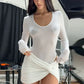 White Two Piece Sets for Woman Rhinestone Long Sleeve Bodysuit Top and Twisted Skirt Sexy Dress Set Fall 2025
