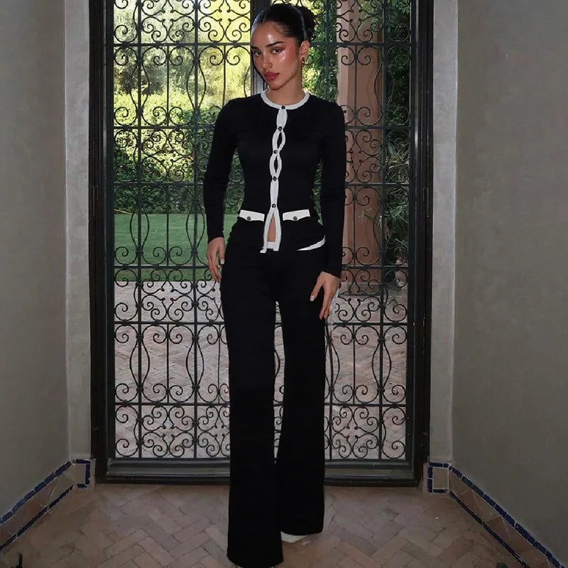 Black Knit 2 Piece Set Long Sleeve Cardigan and Flare Pants Matching Sets Elegant Fall Outfits Woman 2025