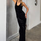 Women Black Velvet Sexy Maxi Dress Sleeveless Deep U Neck Ruched Waist Back Split Bodycon Long Evening Party Dress