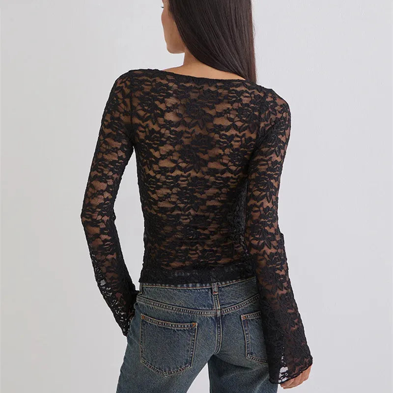 Women's Elegant Lace Long Sleeve Tops Shirt Solid Color Deep V Neck Slim Fit Blouse Tee Y2K Floral Sheer Mesh Shirts