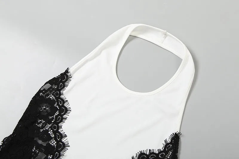 Lace Patchwork Backless Maxi Dresses Elegant Woman for Party Evening Dress White Black