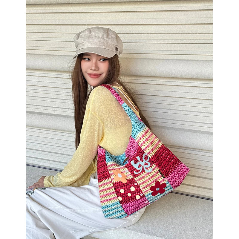 Colorful Crochet Tote Bag, Bohemian Floral Print Knit Shoulder Bag, Casual Summer Beach Bag for Women