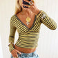 Daily Casuals Fashion Stripes T-Shirt Women Trend Simple V-Neck Line Patchwork Full Sleeve Chic Sporty Street Crop Tees