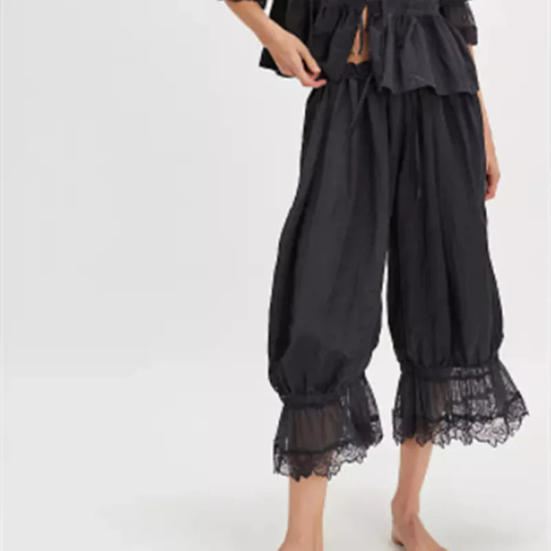 Women Ruffle Long Bloomer Y2k Lace Trim Pettipants Pantaloons Mid Rise Cropped Pajama Pants Under Dress Slips