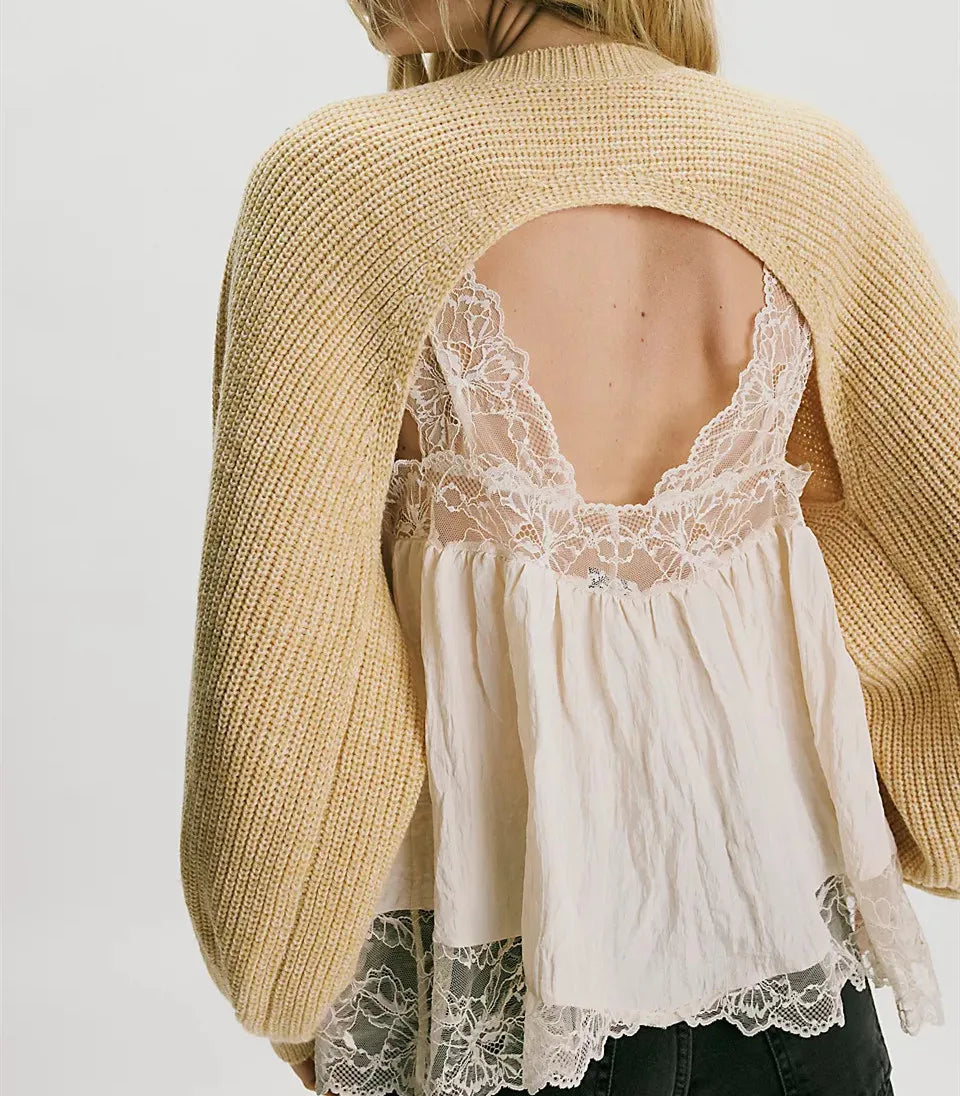 Women's Cropped Knit Shrug Sweater Open Back Round Neck Long Lantern Sleeve Loose Short Knit Top Streetwear Pullover