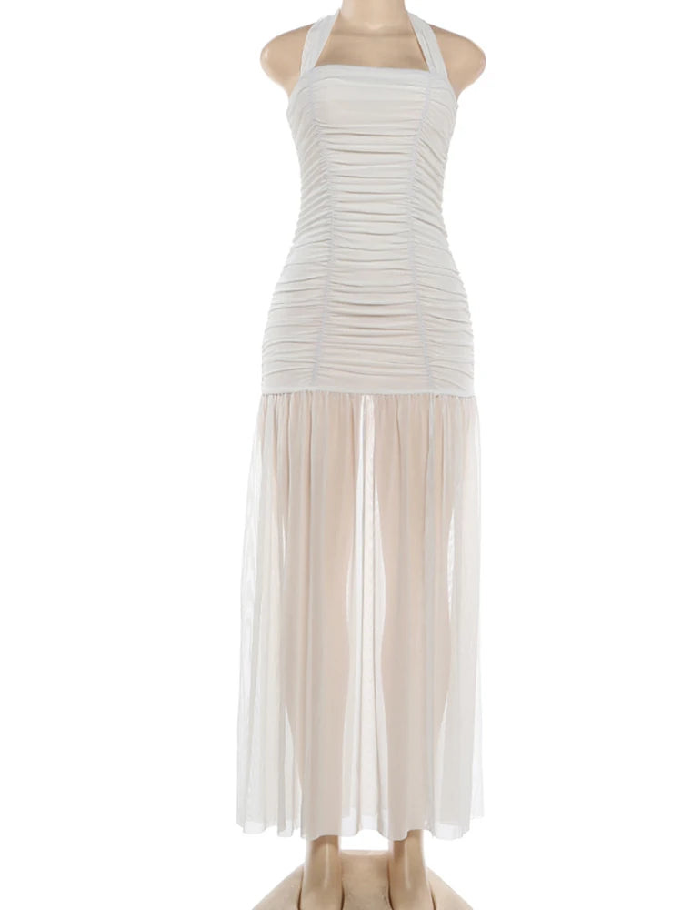 High Split Simple Dresses Women Sexy Halter Ruched Trend Backless Sleeveless Pleated Elegant Party Street Bodycon