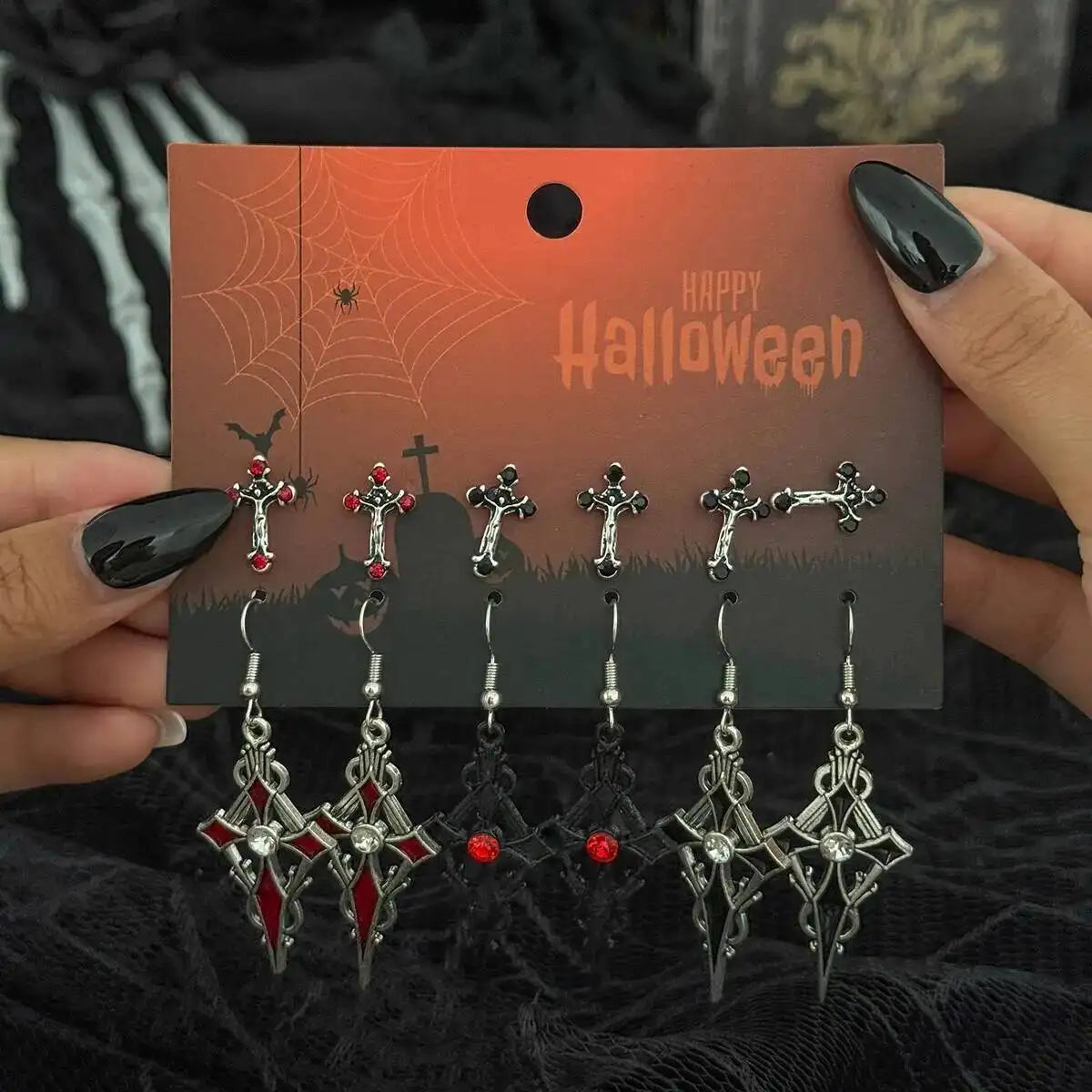 6Pairs/Set Women's Vintage Gothic Oil Dripping Cross Drop Earrings Punk 2025 Style Halloween Party Jewelry Accessories