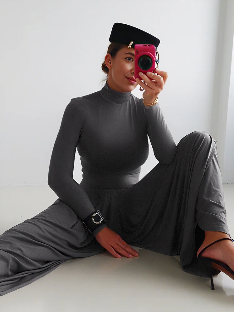 Casual Office Jumpsuit Woman Ruched y2k Trend Turtleneck Full Sleeve Streetwear Simple Basic Elegant Fall Overalls