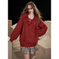 Y2K Design Loose Solid 3D Rose Drawstring Tie Sweater For Women