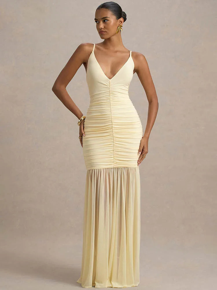 Spaghetti Strap Backless Sexy Maxi Dress Women Gown Fashion Patchwork Off-shoulder V Neck Ruched Pleated Party Dress