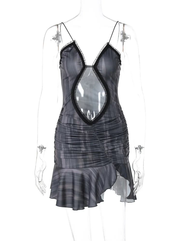 Hollow Dress Women Y2K Ruched Split Irregular Hem Backless Skinny Sexy Midnight Wild Hottie Summer Trend Mini Bodycon