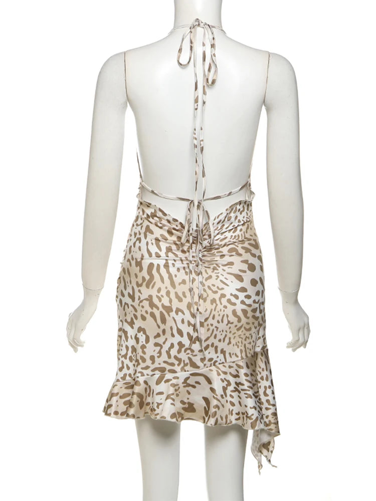 Backless Sexy Party Dress Women Y2K Ruffles Irregular Hem Summer Vacation Leopard Print Midnight Hipster Mini Bodycon