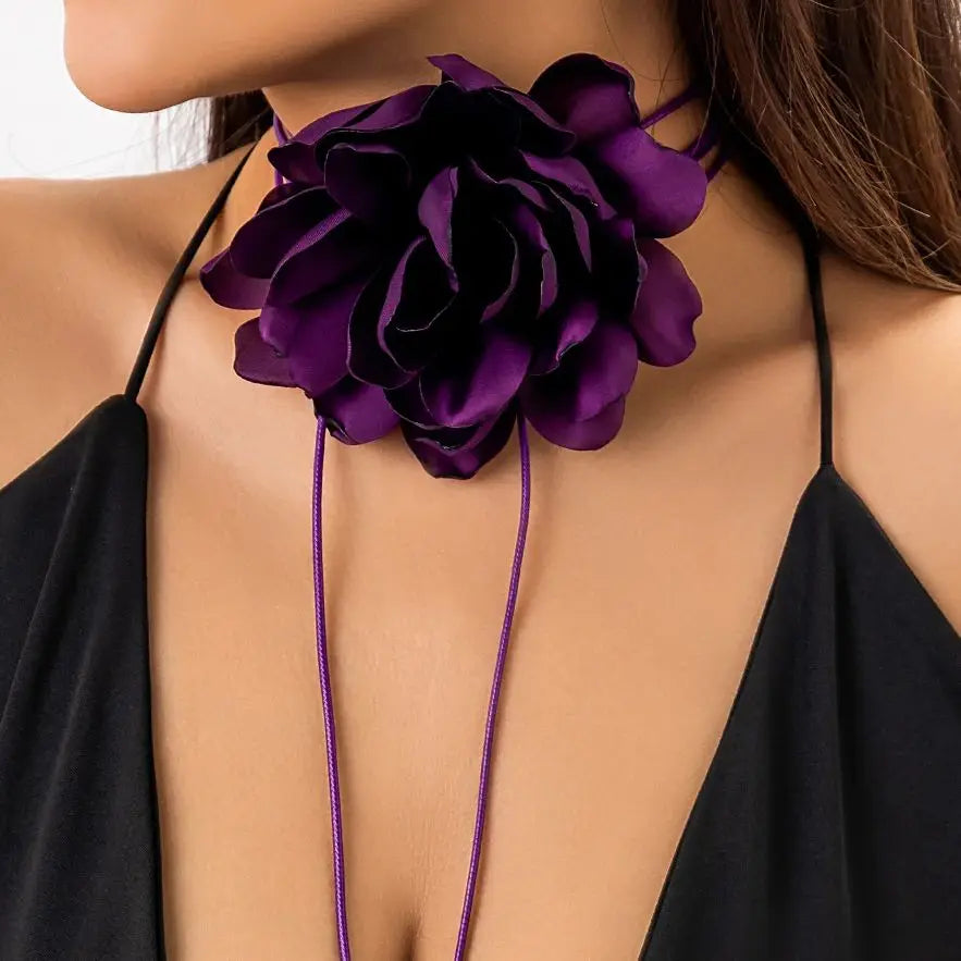 Exaggerated Big Rose Flower Choker Necklace for Women Wed Bridal Goth Kpop Adjustable Bowknot Chain Y2K Accessories New