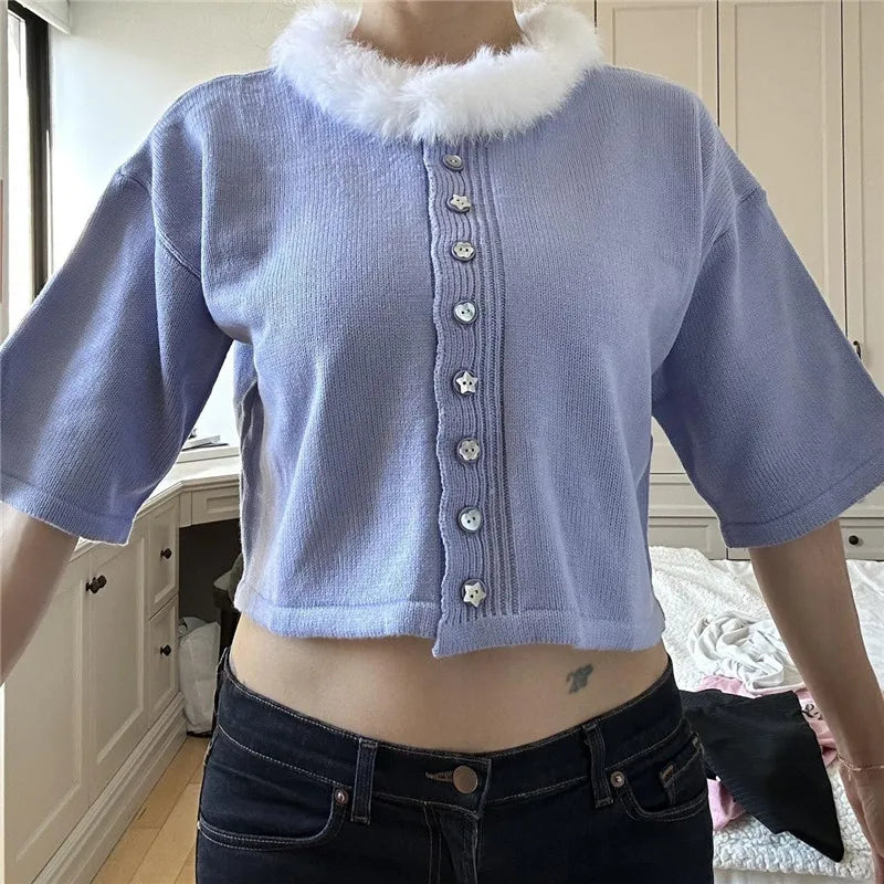 Harajuku Kawaii Furry Neck Short Sleeve Knit Crop Top Women Button Cropped Cardigan Pastel Color Soft Knit Street Outfit