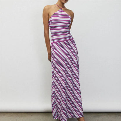 Elegant Y2K Striped Halter Neck Maxi Dress Summer Backless Tie-Up Cross Strap Sleeveless A-Line Sundress for Women