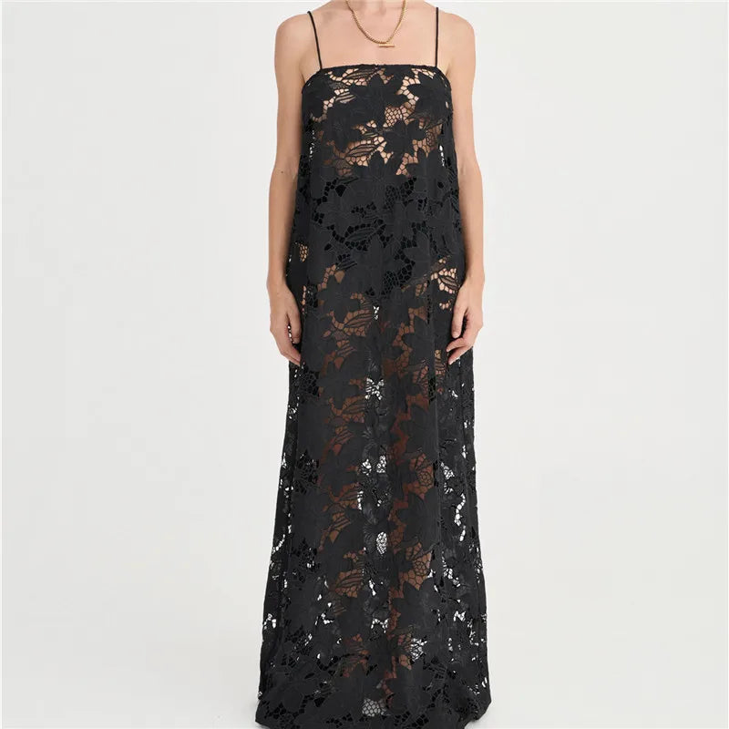 Spaghetti Strap Floral Lace Maxi Dress Women Sheer See Through Long Sundress Beach Cover Up Summer Vacation Party