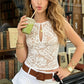 Summer Beach Sheer Lace Sleeveless Top Scallop Edge Neck Keyhole Cutout Slim Short Cover Up Vacation Casual Tank
