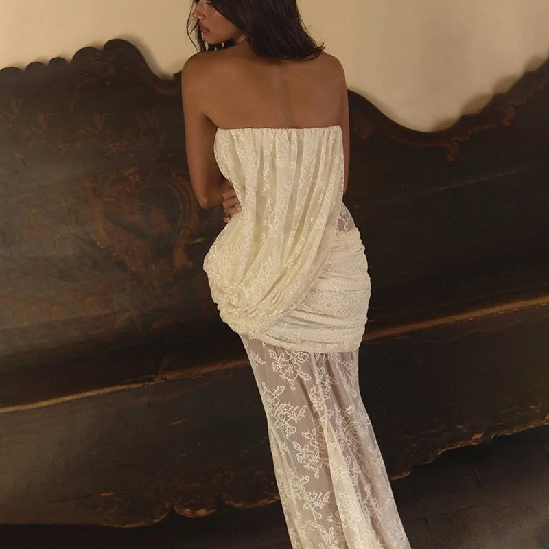 Lace White Dresses Woman Elegant Strapless Asymmetrical Drape Fishtail Maxi Dress Evening Gown