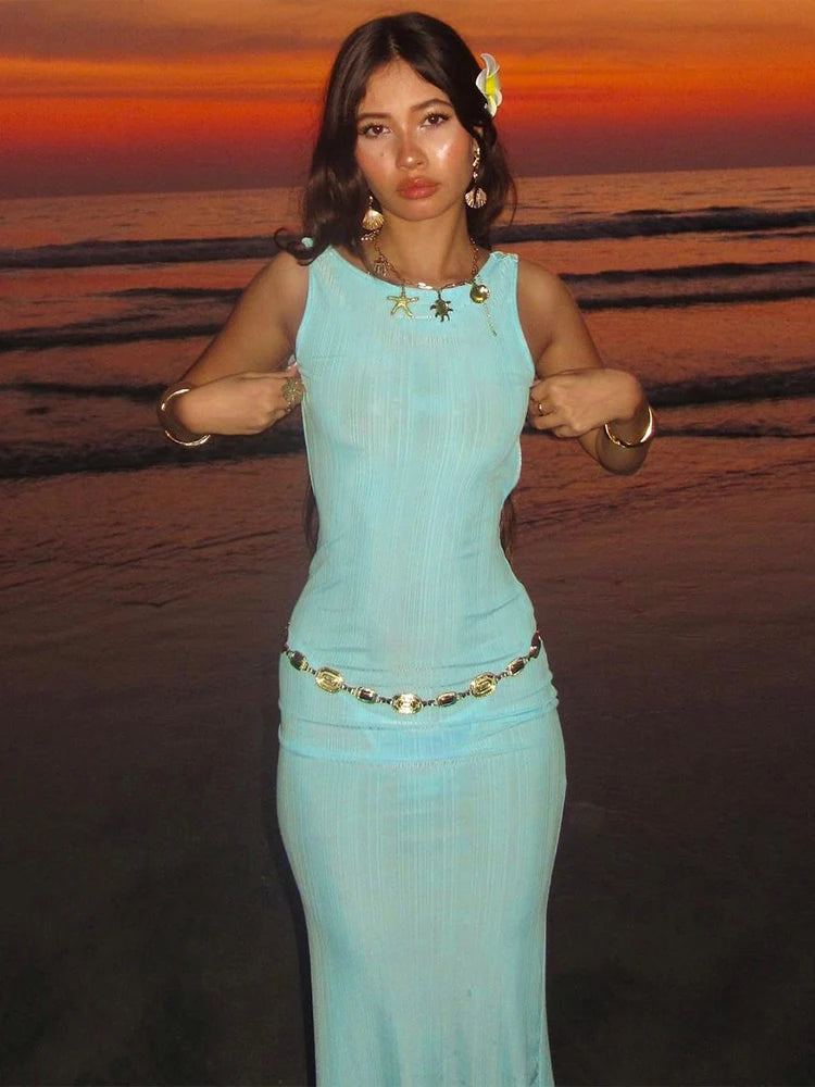 Backless See Through Dress Women Summer Slit Peach Buttocks Solid Sheath Sleeveless Sexy Beach Vacation Party Bodycon