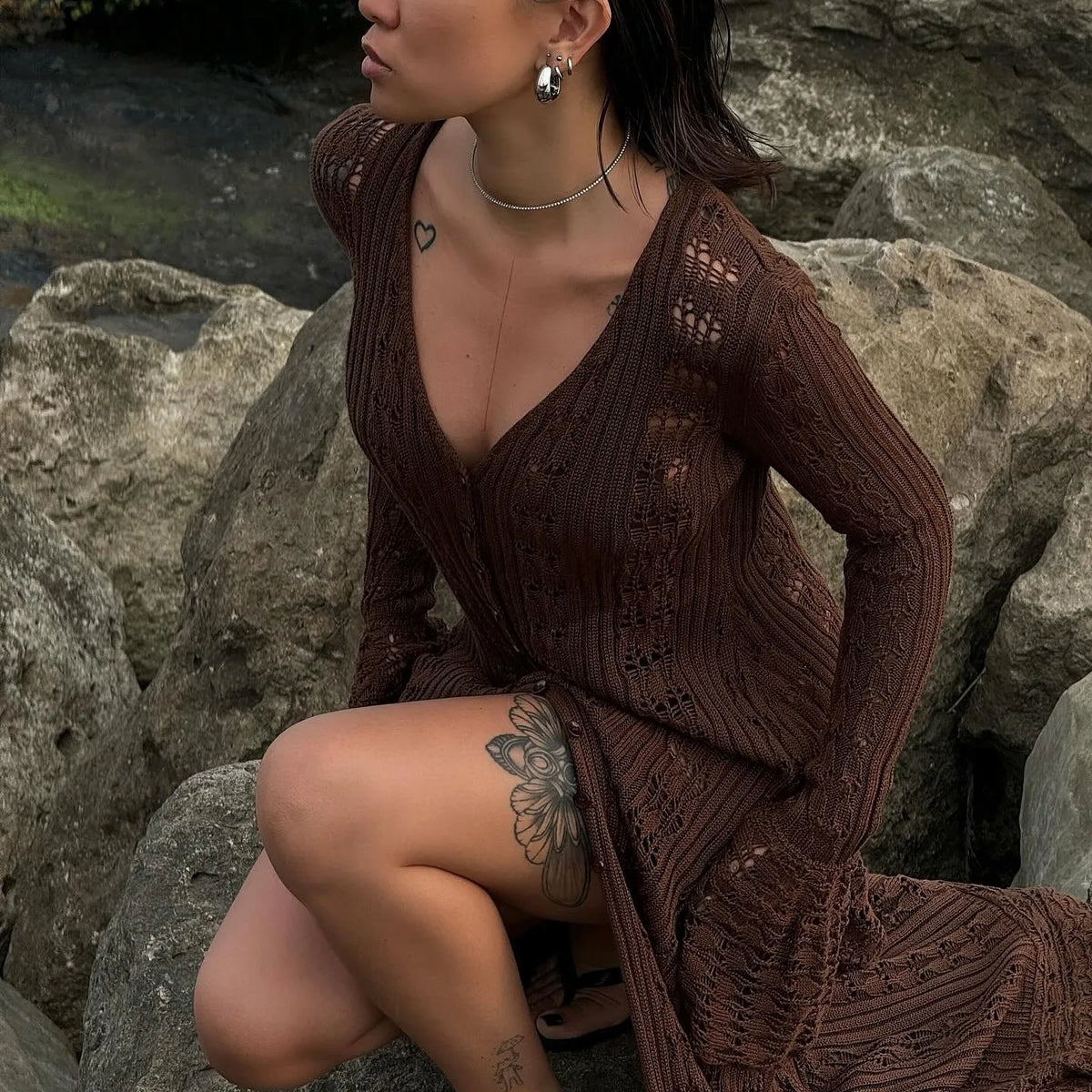 Button Front Long Sleeve Sheer Open-knit Long Cover-up Jacket Women Autumn Beach Vacation Outfit Maxi Cardigan