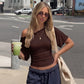 Tie Back Short Sleeve Off Shoulder Tops Casual Loose Tshirt Woman Clothes