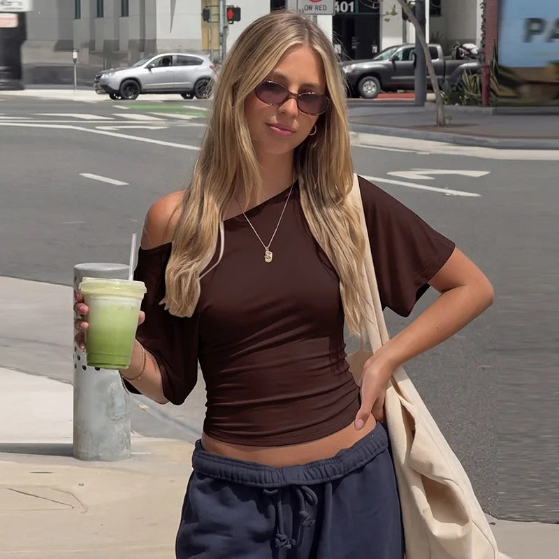 Tie Back Short Sleeve Off Shoulder Tops Casual Loose Tshirt Woman Clothes