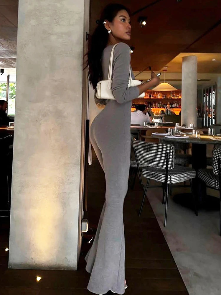 Sexy Flare Jumpsuit Women Long Sleeve V-Neck Single-Breasted Solid Sporty Commute Stretchy Skinny Elegant Overalls