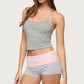 Women 2 Piece Loungewear Set Gray Pink Contrast Trim Halter Neck Crop Top And Foldover Waist Mini Shorts Y2K Streetwear