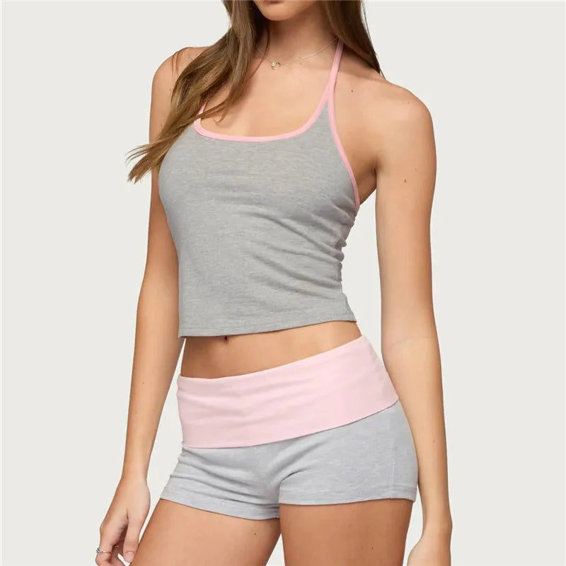 Women 2 Piece Loungewear Set Gray Pink Contrast Trim Halter Neck Crop Top And Foldover Waist Mini Shorts Y2K Streetwear