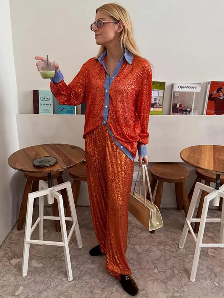 Sequin Loose Pants Two Piece Sets Women Patchwork Long Sleeve Shirt And Trouser Female Elegant Long Pants 2 Piece Sets