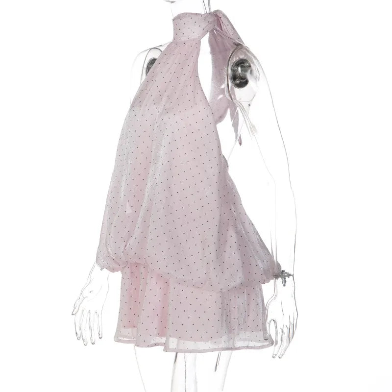 Polka Dot Pink Halter Backless Fluffy Mini Dresses for Women Princess Dress Summer 2026