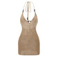 Women Backless Halter Mini Dress Casual Summer Knit Crochet Cutout Bodycon Party Dress for Beach Club Streetwear