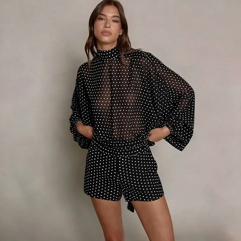 2 Piece Set White Chiffon Polka Dot Oversized Blouse and Shorts Co-ord Sets Elegant 2026 Fall Outfits Woman