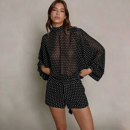 2 Piece Set White Chiffon Polka Dot Oversized Blouse and Shorts Co-ord Sets Elegant 2026 Fall Outfits Woman