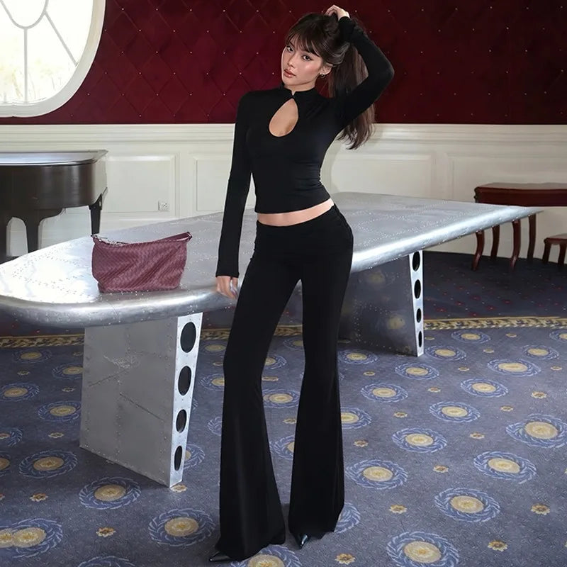 Black Two Piece Set Keyhole Cutout Long Sleeve Crop Top and High Waist Flare Pants Elegant Fall Outfits Woman