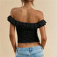 Women Off Shoulder Lace Crop Top Solid Ruffle Trim Floral Embroidery Twist Front Slim Fit Party Clubwear Short Blouse