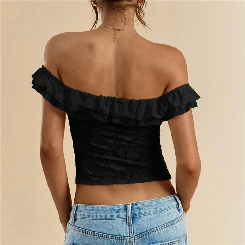 Women Off Shoulder Lace Crop Top Solid Ruffle Trim Floral Embroidery Twist Front Slim Fit Party Clubwear Short Blouse