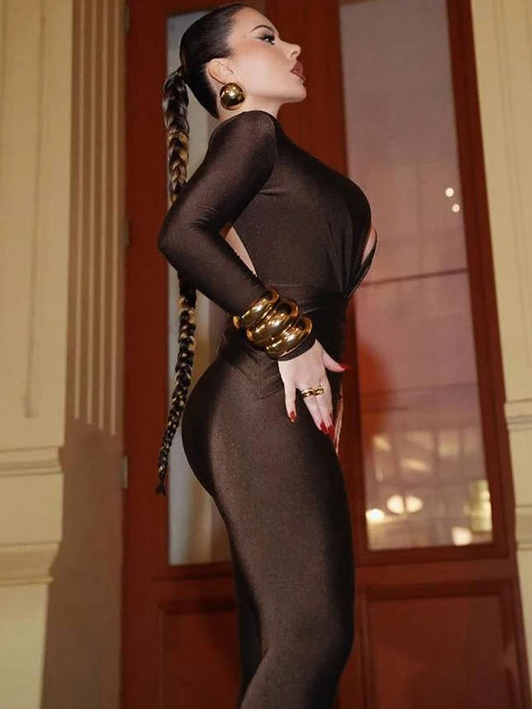 Sexy Jumpsuit Women Deep v-Neck Full Sleeve Skinny Backless Midnight Folds High Elasticity Fashion Classic Streetwear