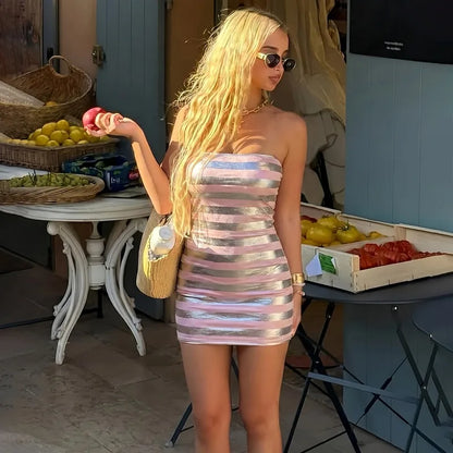 Pink and Silver Metallic Striped Bandage Mini Dress Sexy Birthday Outfits Woman Club Strapless Bodycon Dress