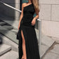 Women One Shoulder Ruched Sexy Maxi Dress Elegant Sleeveless Backless Metal Buckle Waist Draped Club Party Long Dress