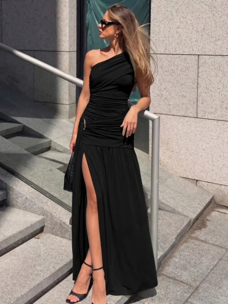 Women One Shoulder Ruched Sexy Maxi Dress Elegant Sleeveless Backless Metal Buckle Waist Draped Club Party Long Dress
