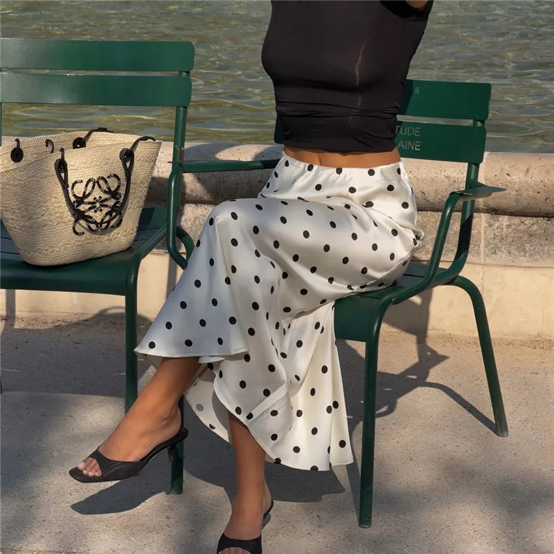 French Vintage Polka Dot Satin Skirt High Waist Silky Midi Skirt Elegant Retro Print For Women Summer Y2K Streetwear