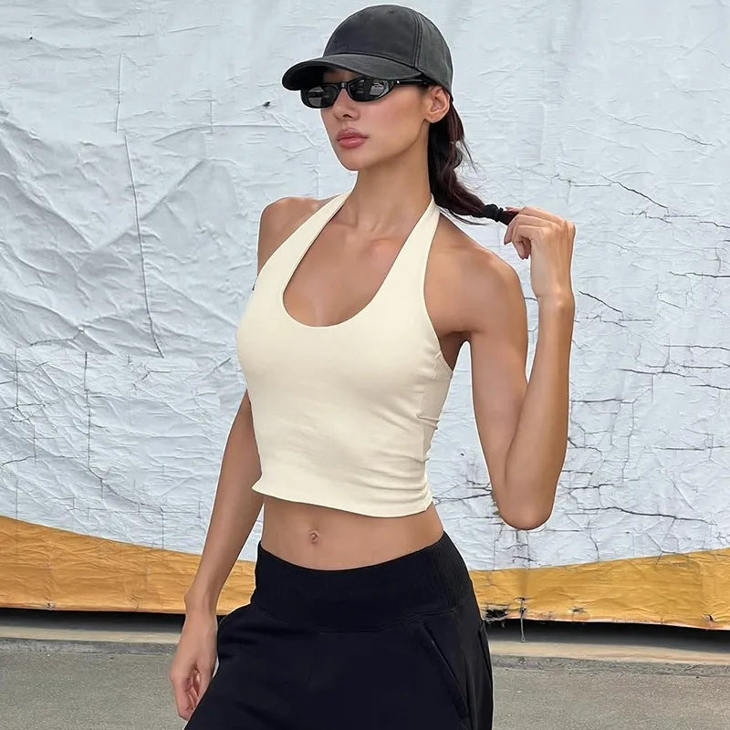 Solid Color Tank Tops Basic Casual Backless Low Cut Halter Top Streetwear Woman Summer Clothes