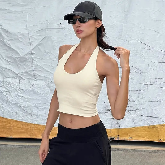 Solid Color Tank Tops Basic Casual Backless Low Cut Halter Top Streetwear Woman Summer Clothes