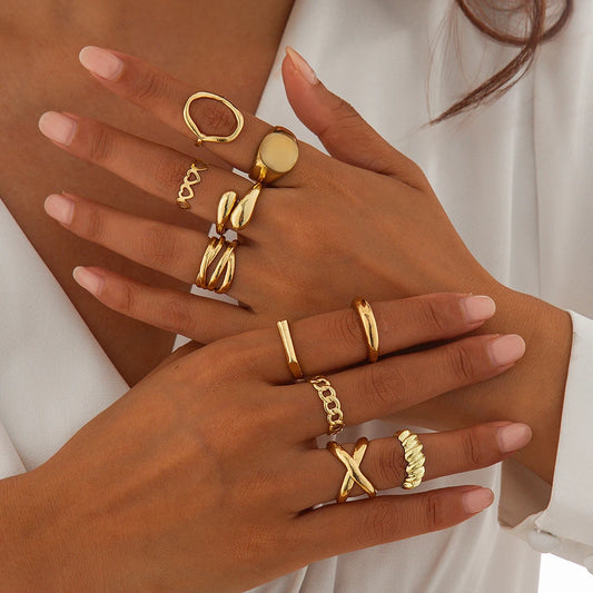 10Pcs/Set Vintage Smooth Water Drop Open Rings for Women Creative Metal Gold Color Finger Rings Daily Jewelry Gift New