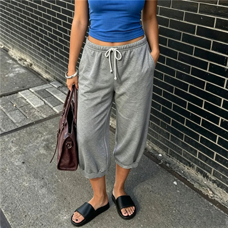 Women Loose Cropped Sweatpants Drawstring Elastic Waist Capri Jogger Trousers Casual Pants With Pockets Daily Loungewear