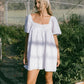 Square Neck Eyelet Lace Mini Dress Women Flutter Short Sleeve Front Button Pleated Loose Babydoll Summer Vacation Dress